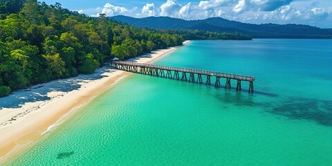 Fototapeta premium Tropical Beach Paradise Stunning Aerial View of Pristine Island & Ocean Pier