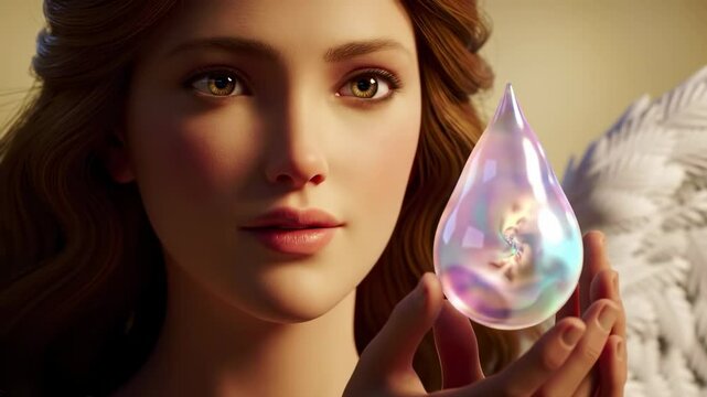 Angel holding illuminated teardrop orb digital illustration