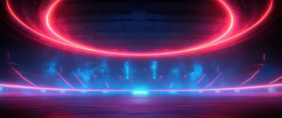 Futuristic stadium interior with glowing neon pink rings floating above empty field surrounded by blue ambient light and misty atmosphere