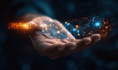Open human hand holding a glowing network of interconnected digital data points and lines representing technology and futuristic communication