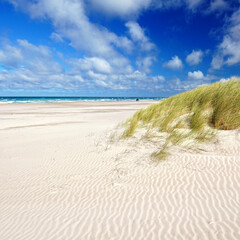 summer at the beach, salty ocean breeze over the white sand beach with endless dunes, blue sky and white clouds