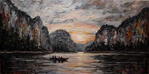 "Sunset Row on a Serene River – Impressionist Landscape Painting"