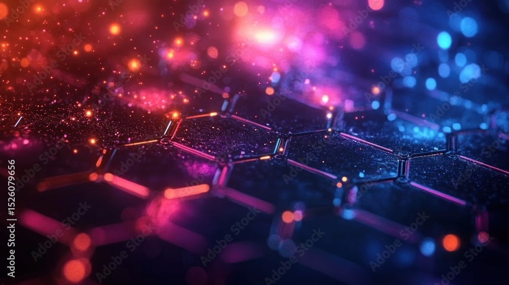 Poster close-up view of a glowing hexagonal grid pattern with vibrant pink, purple, orange, and blue light 