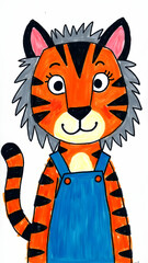 Cute Cartoon Anthropomorphic Tiger Illustration in Overalls with Striped Pattern