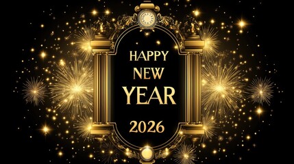 Happy new year 2026 celebration with gold fireworks and clock. Happy New Year 2026