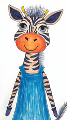 Zebra with Blue Dress Standing Upright Close-Up Illustration