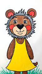 Cute Teddy Bear Illustration Standing In Grass Wearing Yellow Dress