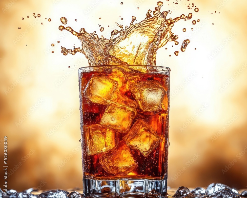 Poster glass filled with a dark fizzy drink and ice cubes creating a lively splash with droplets against a 