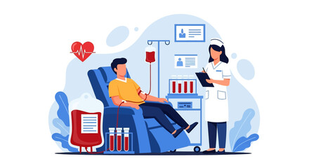 World Blood Donor Day flat vector illustration featuring a man donating blood, surrounded by symbolic hearts, blood drops, and test tubes
