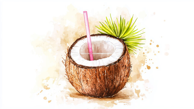 Vector illustration, watercolor clipart, coconut drink with straw