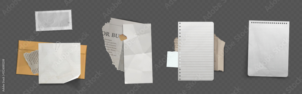 Poster set of various torn paper scraps and ripped note snippets. old crumpled sheets with ragged edges fro