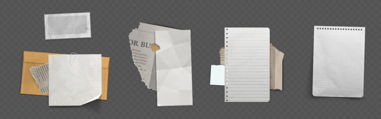 Set of various torn paper scraps and ripped note snippets. Old crumpled sheets with ragged edges from spiral bound notebook, graph papers. Realistic vector for collage, scrapbooking, memo design.