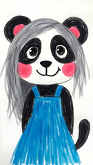 Anthropomorphic Panda Illustration Wearing Dress With Gray Hair