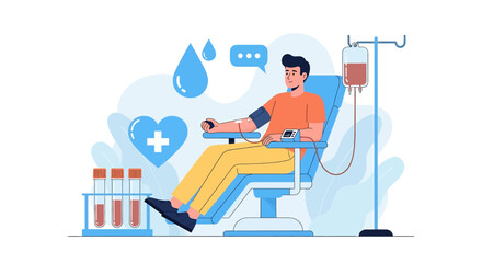 World Blood Donor Day flat vector illustration featuring a man donating blood, surrounded by symbolic hearts, blood drops, and test tubes. its life-saving impact on global health initiatives