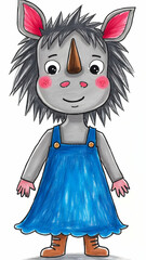 Adorable Rhinoceros Girl in a Blue Dress Illustration Art