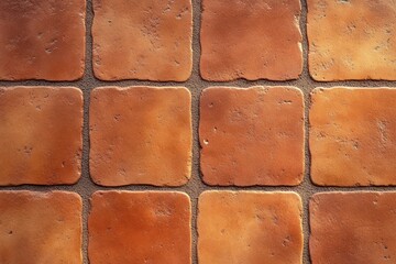 close-up view of weathered square terracotta tiles arranged in a grid pattern with visible texture and grout lines in natural earth tones