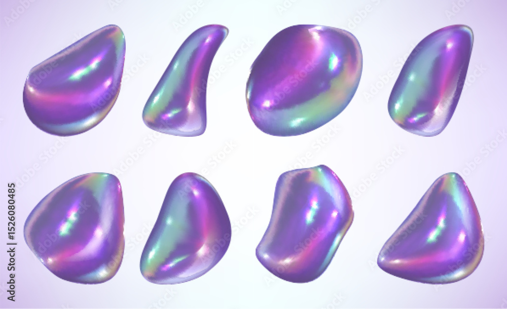 Poster holographic iridescent liquid abstract shapes isolated on light background. colorful fluid gradient 