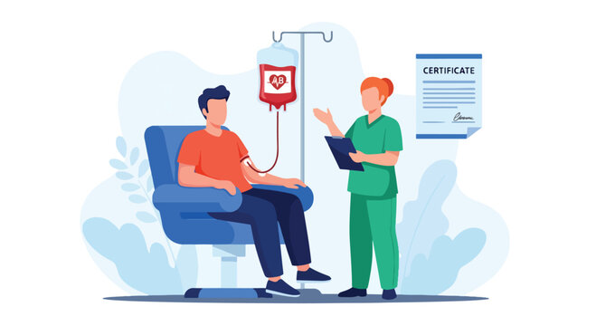 World Blood Donor Day flat vector illustration featuring a man donating blood, surrounded by symbolic hearts, blood drops, and test tubes. its life-saving impact on global health initiatives