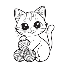 Fototapeta premium Adorable kitten playing with yarn balls coloring page