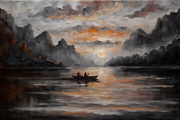 "Sunset Row on a Serene River – Impressionist Landscape Painting"