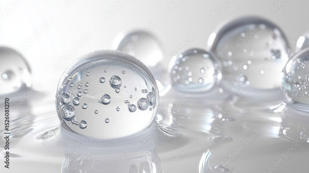 Poster close-up view of several transparent water droplets with air bubbles inside resting on a smooth refl