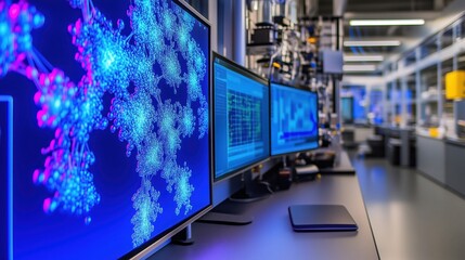 Modern laboratory showing virus research on computer monitors