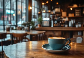 Fototapeta premium close-up of a latte with foam art on a saucer placed on a wooden table inside a cozy coffee shop with blurred background of chairs, tables, and warm indoor lighting