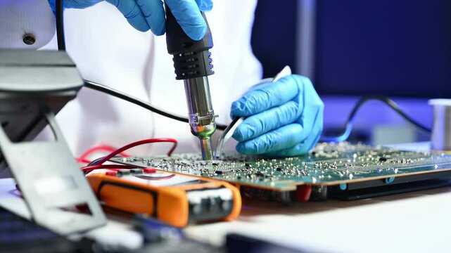 Closeup of precision soldering with hot air tool on PCB. Ideal for themes of electronics repair, circuit board, hardware