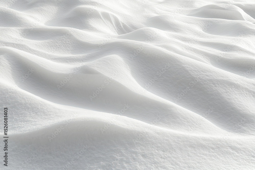 Poster close-up view of smooth, gently undulating snow surface with soft shadows creating a peaceful and se