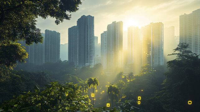 Lush trees surround modern skyscrapers under glowing sunrise, creating serene atmosphere - Powered by Adobe