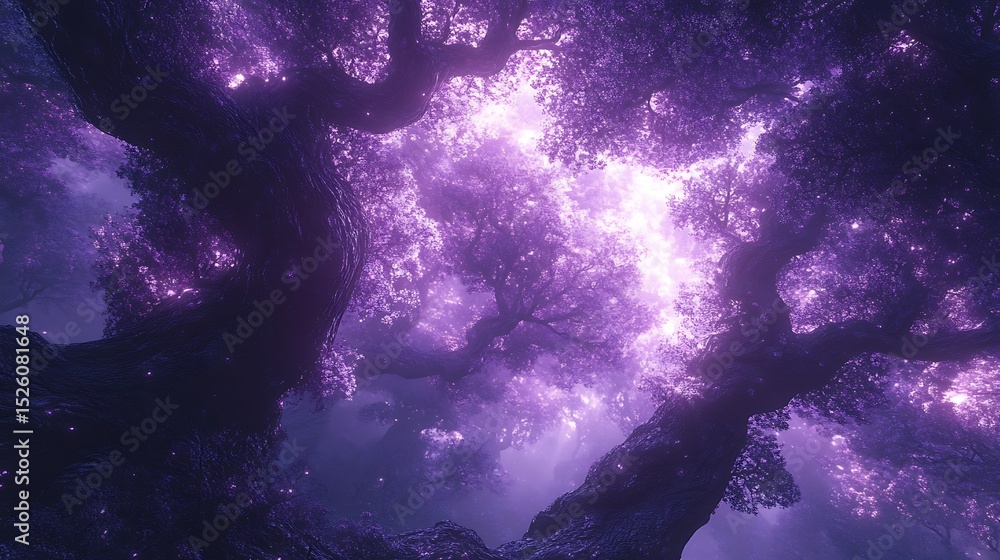 Poster ethereal forest canopy with light filtering through, creating a whimsical atmosphere