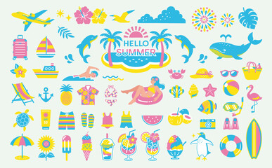 Summer Vacation and Beach Icon Set.Tropical Travel Illustration 