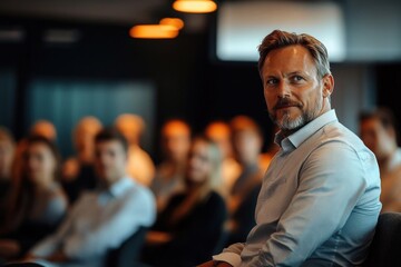 Fototapeta premium Mature man with beard attentively listening in a professional seminar or conference with a blurred group of diverse people in the background under warm lighting