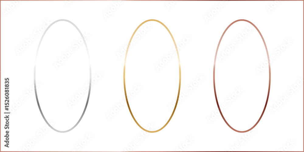 Poster gold, silver and bronze oval frames. vertical thin metal ellipse photo or picture frames isolated on
