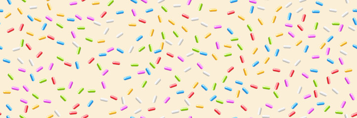 Donut background with colorful candy sprinkles. Sweet topping for candy or ice cream. Fun and playful dessert design. Summer, birthday, children concept. Seamless vector illustration.
