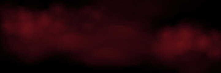 Red fog or smoke cloud on black background. Realistic smoke effect vector illustration. Gas cloud, smoky mist, toxic vapor, meteorological phenomenon, condensation over land or water surface.