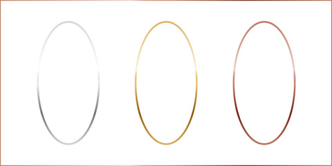 Gold, silver and bronze oval frames. Vertical thin metal ellipse photo or picture frames isolated on transparent background. Simple object mockup. 3d abstract empty template vector illustration set.
