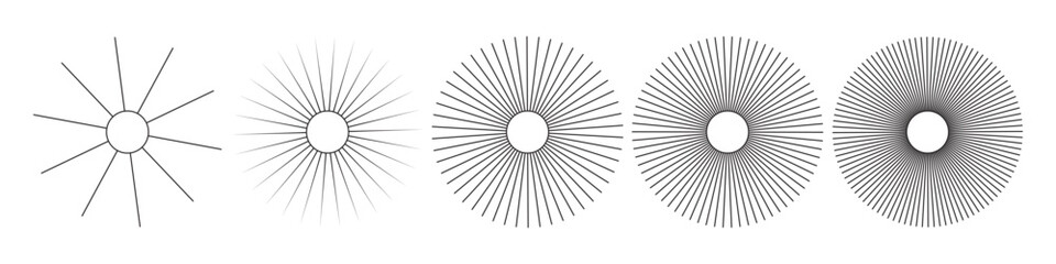 Sun icons with radial rays. Set of sunburst and starburst elements with varying line thickness and density. Retro comic or vintage engraving style rays. Abstract vector illustration.