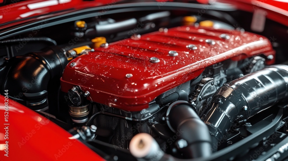 Poster close-up view of a shiny red engine with water droplets and various mechanical components inside a c