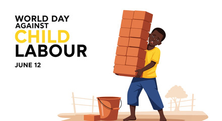 flat vector illustration for World Day Against Child Labour (June 12) : a child struggles to carry bricks, symbolizing exploitation and lost childhood. Raise awareness for child rights and protection