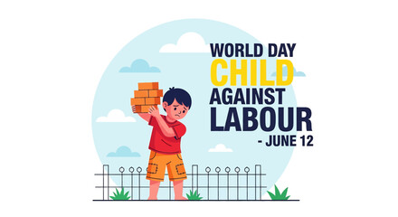 flat vector illustration for World Day Against Child Labour (June 12) : a child struggles to carry bricks, symbolizing exploitation and lost childhood. Raise awareness for child rights and protection