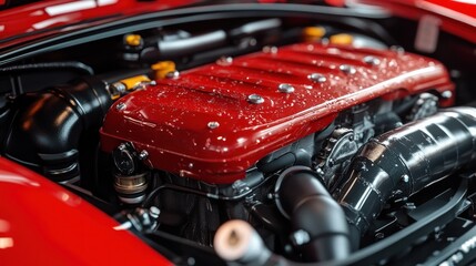 Fototapeta premium Close-up view of a shiny red engine with water droplets and various mechanical components inside a car engine bay