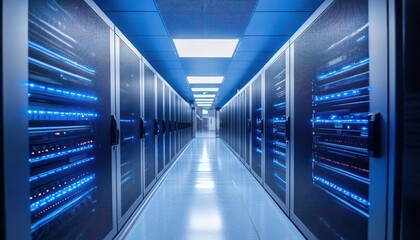 Fototapeta premium Long aisle between rows of server racks with blue LED lights in a modern data center with bright overhead lighting