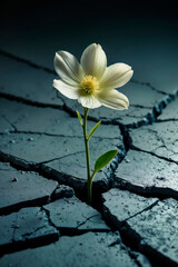 Hopeful White Flower Growing from Cracked Dry Ground