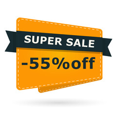 Super sale banner with 55 percent off text. Bright orange card label design with percentage discount. Vector illustration for shopping, promotion and marketing