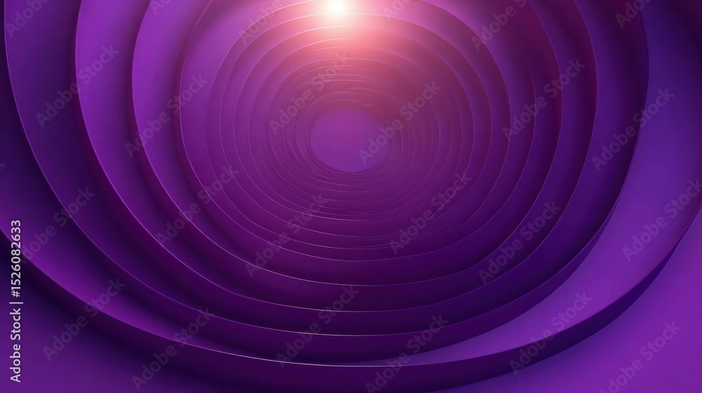 Poster abstract circular tunnel with concentric purple rings illuminated by a bright light at the center, c