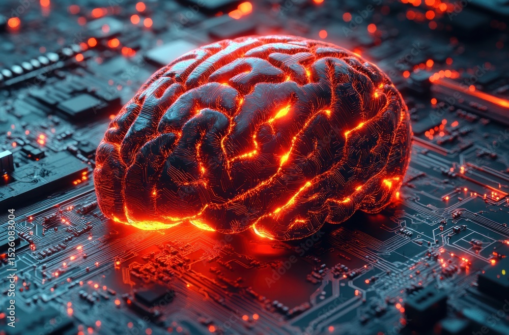 Poster glowing orange brain model integrated with electronic circuit board symbolizing artificial intellige