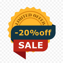 20 percent off badge with sale ribbon. Limited offer label in flat style with yellow stamp and red banner. Vector illustration for discount promotion and e-commerce marketing, transparent background