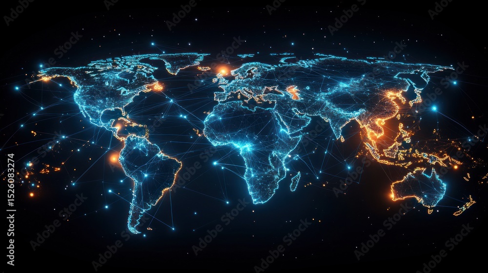Poster digital glowing connected world map with illuminated network nodes highlighting global communication