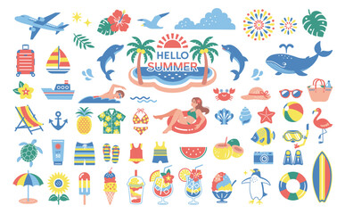 Summer Vacation and Beach Icon Set. Tropical Travel Illustration 